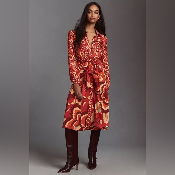 Anthropologie Farm Rio Long Sleeve V Neck Floral Midi Shirt Dress sz L
